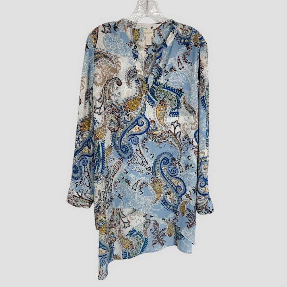 Chico’s Paisley Layered Tunic Size 1 Blue Breezy High Lo Coastal Casual Career